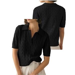 Women Plus Size 2XL Black Collar Short Sleeve Cable Sweater Top NWT